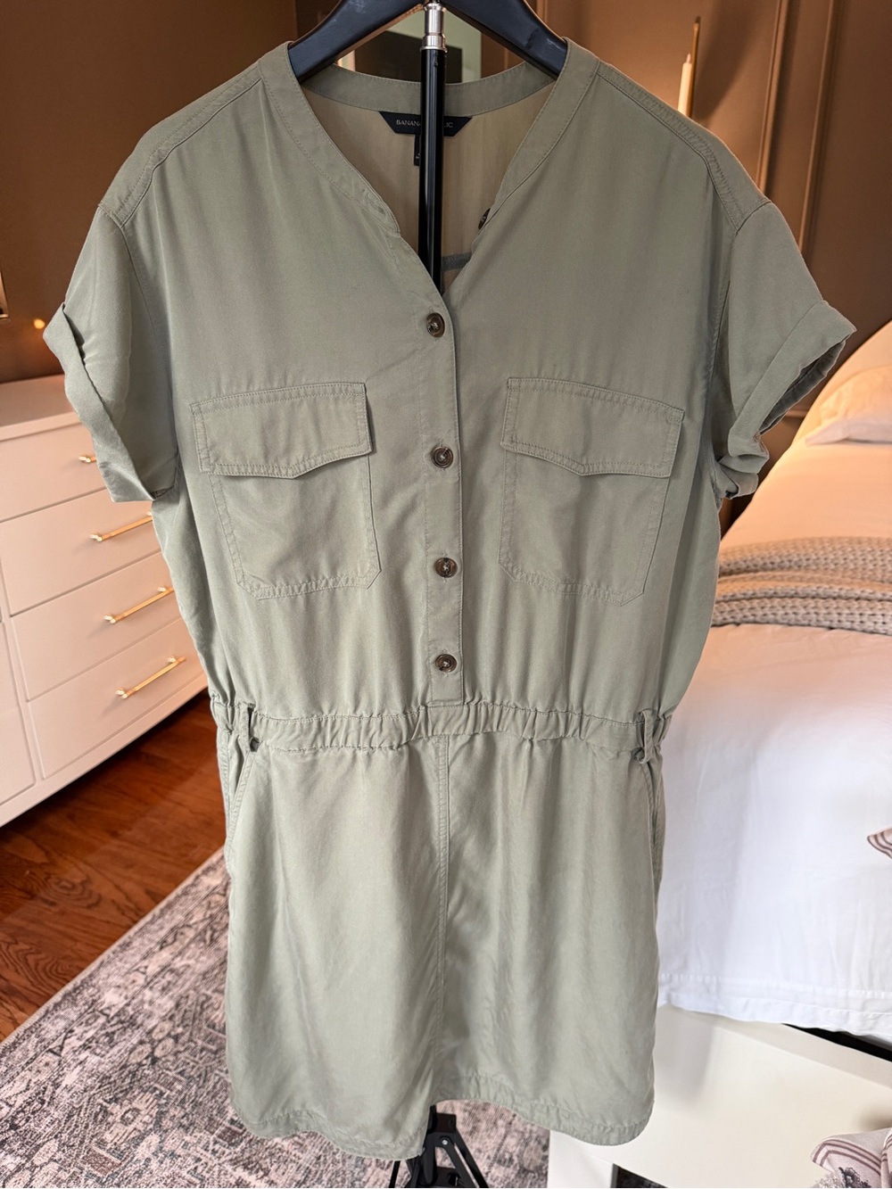 Banana Republic Utility Shirt Dress Large Sage Green Tencel Button Front